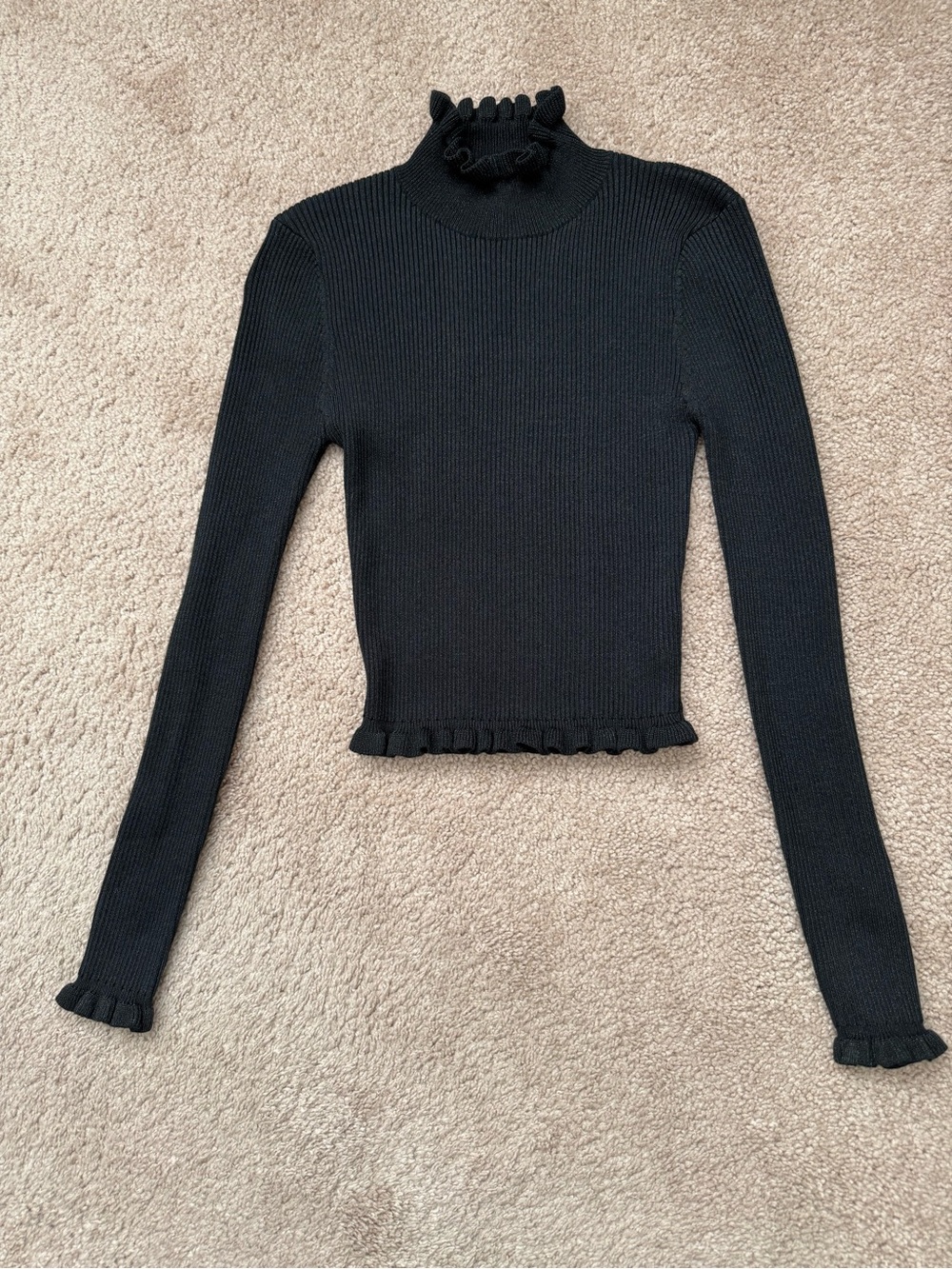 Forever 21 Black Ribbed Mock Neck Long-Sleeve Top with Ruffle Trim